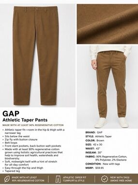 GAP Athletic Taper Pants Brown 42x30 NWT Stretch Chino. Big & Tall Maple Brown